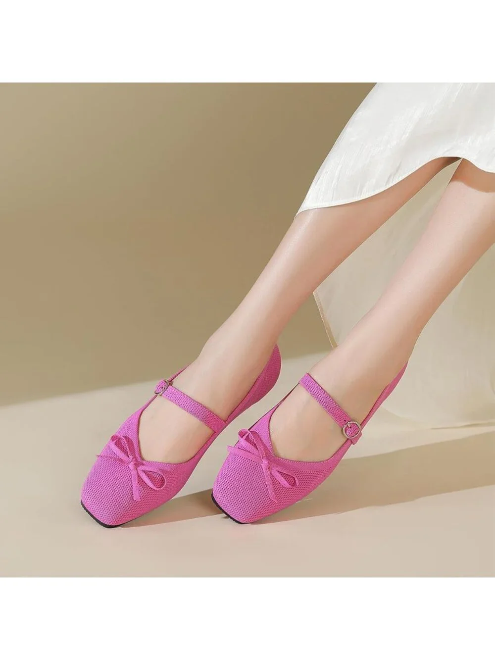 Women's Pink Comfortable Ankle Strap Square Toe Mary Jane Ballet Flats - Picture 3 of 6